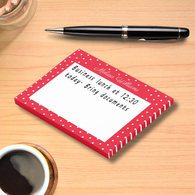 Bloco De Notas Nome da assinatura Bolinhas branca e vermelha (Personalized Name Red White Polka Dot Pattern Post-it Notes)