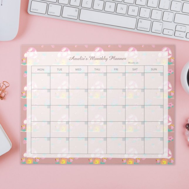 Bloco De Notas Nome do Planejador Mensal do Cogumelo Rosa-Floral  (Criador carregado)