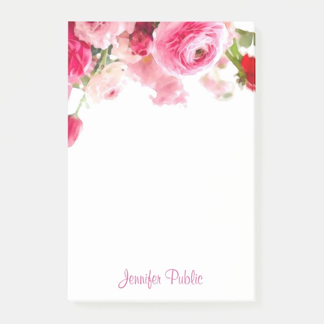 Bloco De Notas Nome do Script de Mão de Rosas de Aquarela Floral  (Frente)