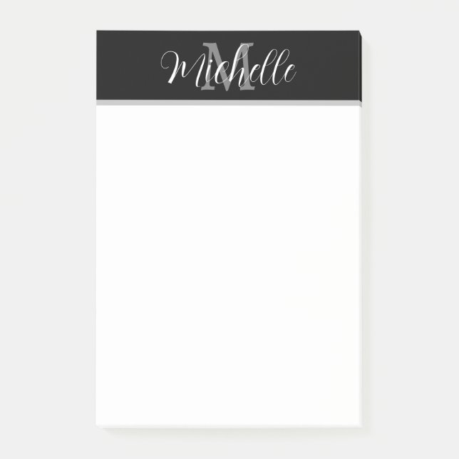 Bloco De Notas Nome do Script de Monograma da Cinza Negra Elegant (Frente)