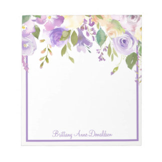 Bloco De Notas Nome Floral Aquarela Roxa Personalizado