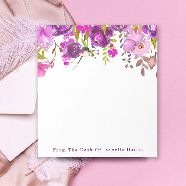 Bloco De Notas Nome Floral de Cores d'Água Púrpura Personalizado (Criador carregado)