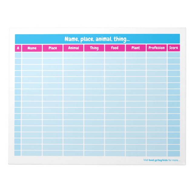 Bloco De Notas Nome, Local, Animal, Jogo do Palavra (Frente)