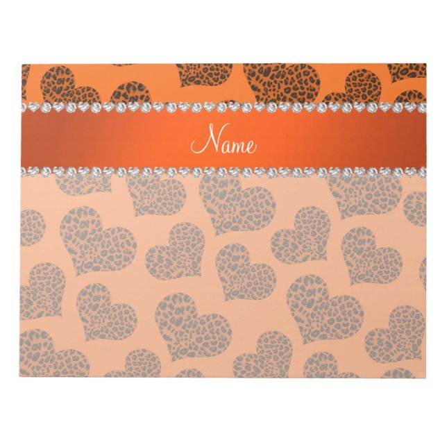 Bloco De Notas Nome personalizado corações-leopardo laranja (Frente)