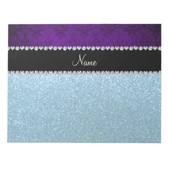 Bloco De Notas Nome personalizado damasco roxo brilho azul céu (Frente)
