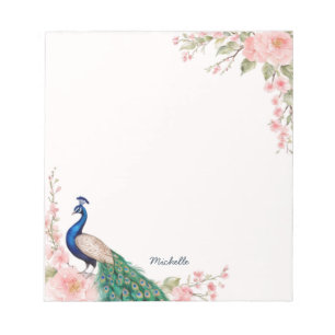 Bloco De Notas Nome Personalizado das Flores de Peacock de Aquare
