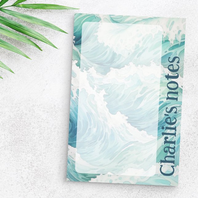 Bloco De Notas Nome personalizado das ondas azuis de cor aquática (Watercolor blue waves custom name post-it notes)