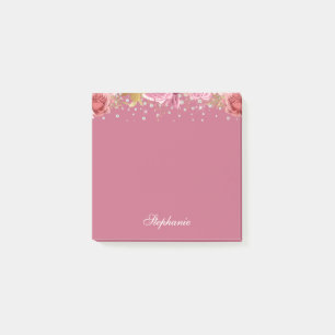 Bloco De Notas Nome Personalizado de Brilhante Floral Rosa