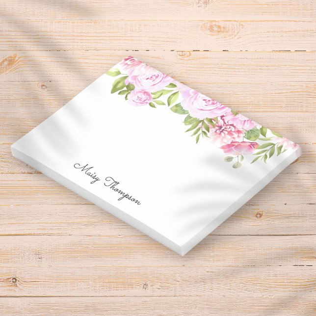 Bloco De Notas Nome Personalizado Floral Rosa Script (Personalized Name Pink Floral Script Post-it Note)