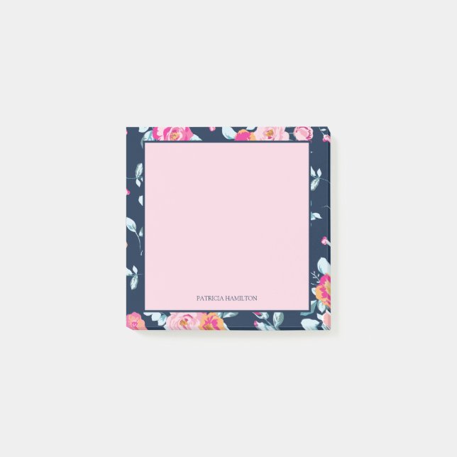 Bloco De Notas Nome Personalizado Floral Rosa Vibrante (Frente)