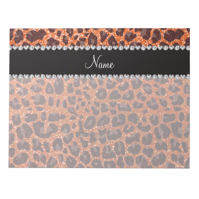 Bloco De Notas Nome personalizado glitter laranja impressão leopa (Frente)