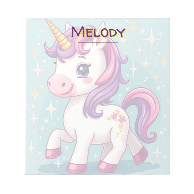 Bloco De Notas Nome Personalizado Kawaii Sparkle Unicorn (Frente)