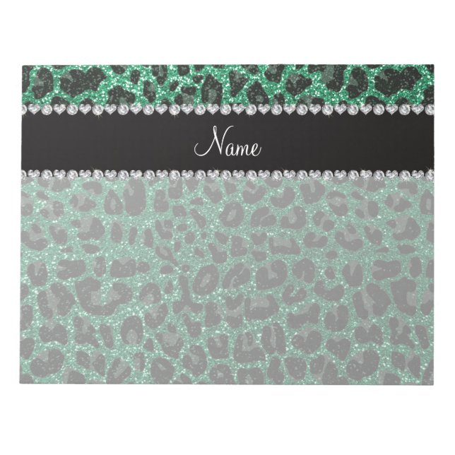 Bloco De Notas Nome personalizado mint verde brilho leopardo (Frente)