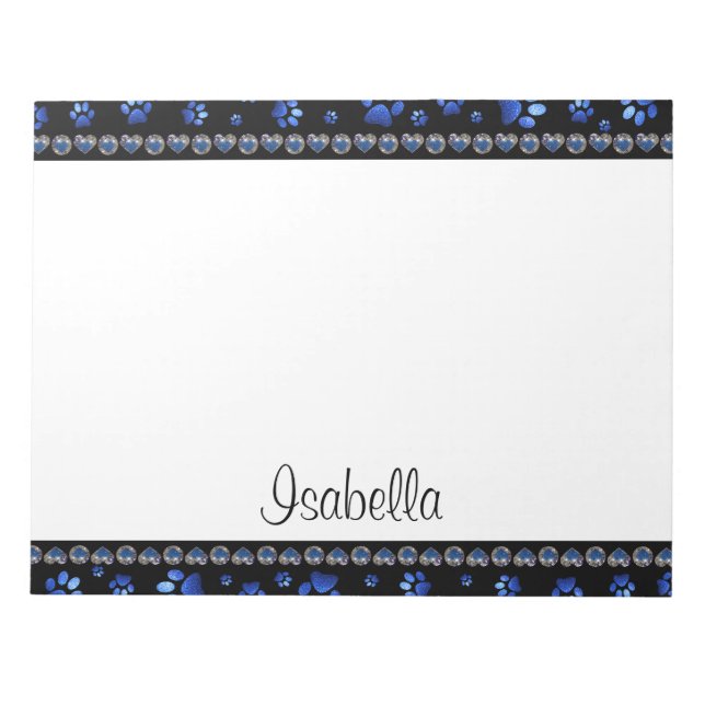 Bloco De Notas Nome personalizado, patas de cão com brilho azul (Frente)