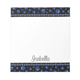 Bloco De Notas Nome personalizado, patas de cão com brilho azul