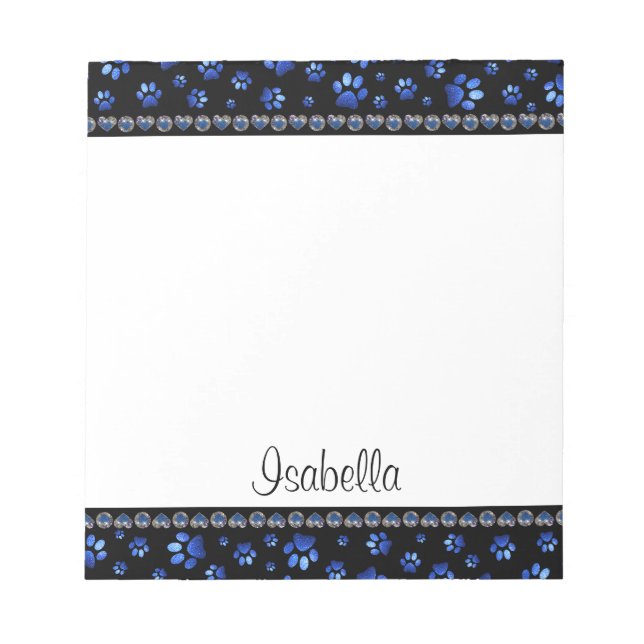 Bloco De Notas Nome personalizado, patas de cão com brilho azul (Frente)