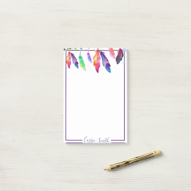 Bloco De Notas Notas adesivas personalizadas com penas boho (Na mesa)