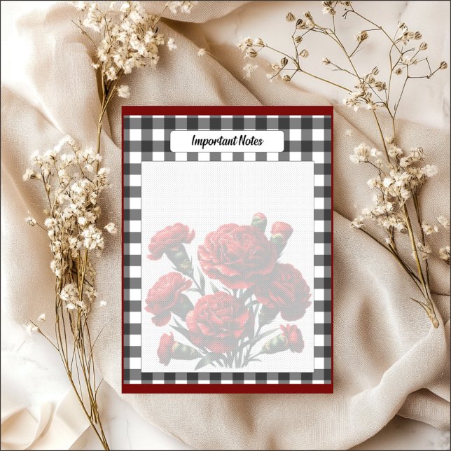 Bloco De Notas Notas Importantes de Gingham Floral Preto e Branco (Criador carregado)