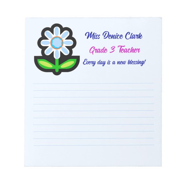 Bloco De Notas Notepad Azul do Professor com Flor Azul (Frente)
