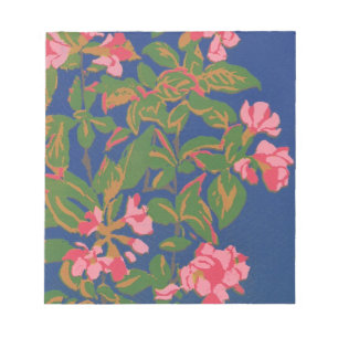 Bloco De Notas Notepad bonito, Japonica rosa com fundo azul