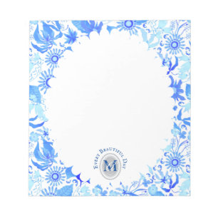 Bloco De Notas Notepad Branco Azul-Chic Floral Glamor