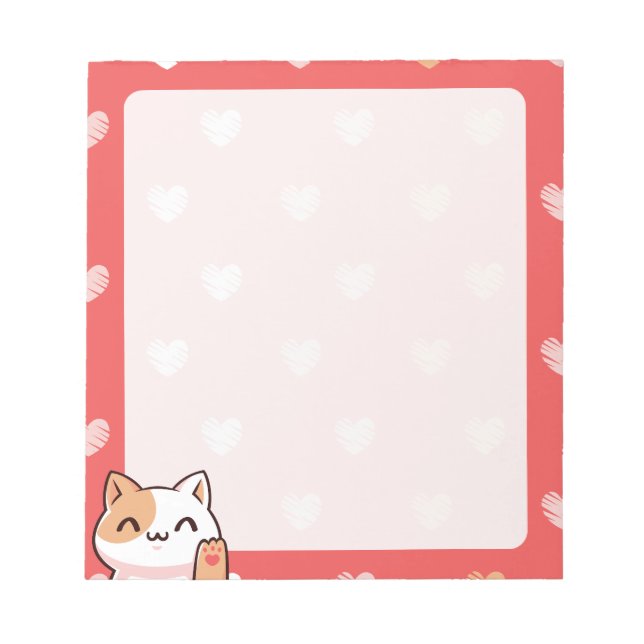 Bloco De Notas Notepad de Gato e Corações de Kawaii (Frente)