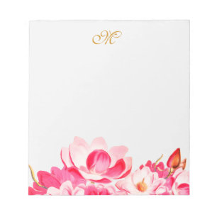 Bloco De Notas Notepad de Monograma Floral de Magnolias Rosa-Prim