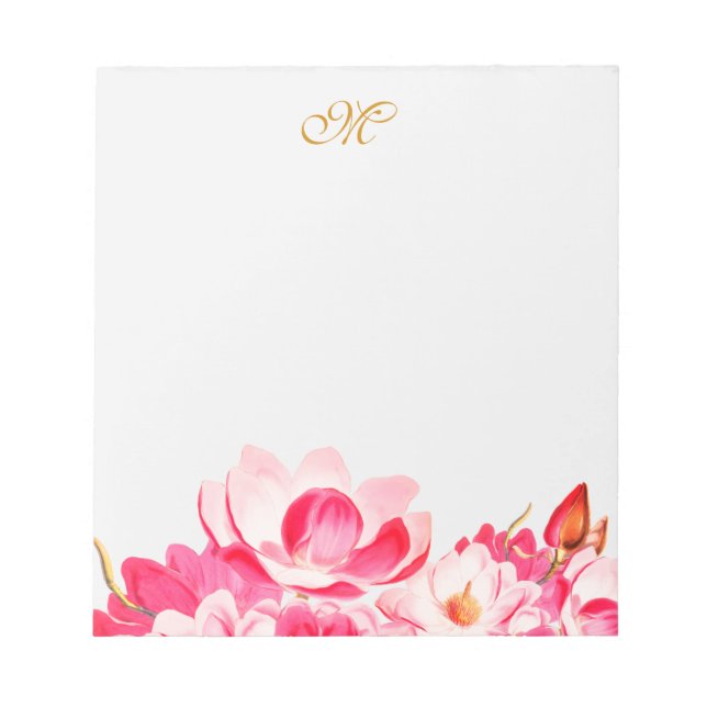 Bloco De Notas Notepad de Monograma Floral de Magnolias Rosa-Prim (Frente)