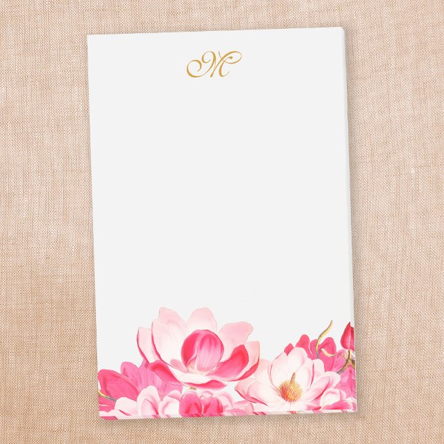 Bloco De Notas Notepad de Monograma Floral de Magnolias Rosa-Prim (Criador carregado)