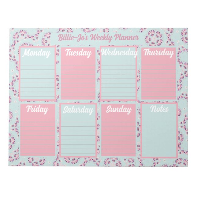 Bloco De Notas Notepad do Planejador Semanal de Boho Azul e Rosa (Frente)