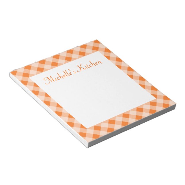 Bloco De Notas Notepad Laranja Personalizado Gingham (Inclinado)