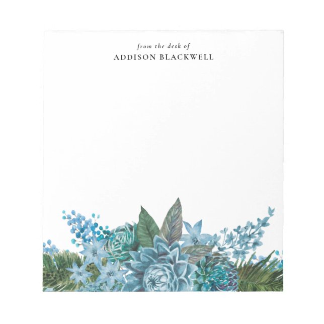 Bloco De Notas Notepad Modelo de Nome Floral Azul de Aquarela (Frente)