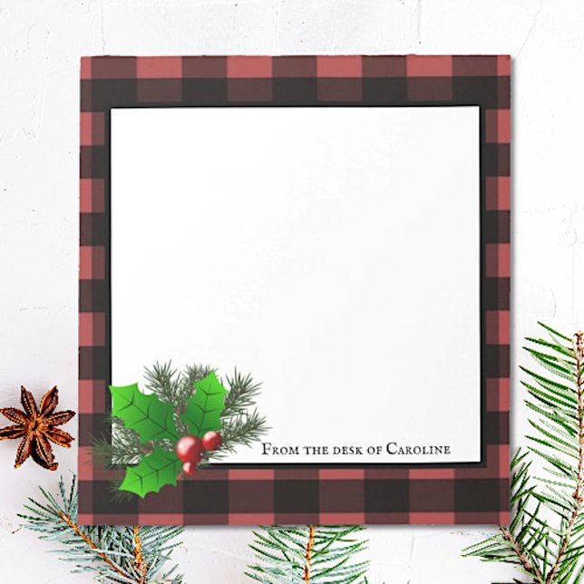 Bloco De Notas Notepad Personalizado da Xadrez Holly Buffalo (Red Christmas Holly Buffalo Plaid Personalized Notepad)