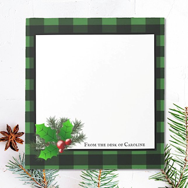 Bloco De Notas Notepad Personalizado da Xadrez Holly Buffalo (Green Christmas Holly Buffalo Plaid Personalized Notepad)