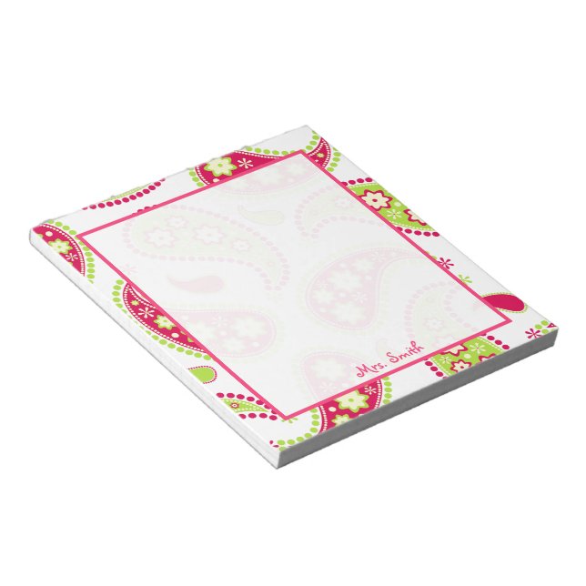 Bloco De Notas Notepad Personalizado de Paisley Rosa e Verde (Inclinado)