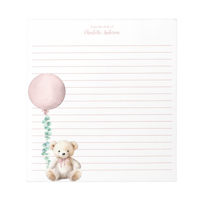 Bloco De Notas Notepad Personalizado Do Balão Do Urso Rosa (Frente)