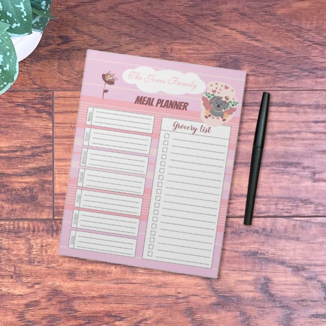 Bloco De Notas Notepad Planner de refeições da família rosa com K (Pink family meal planner notepad designed to help new mom stay organized .)