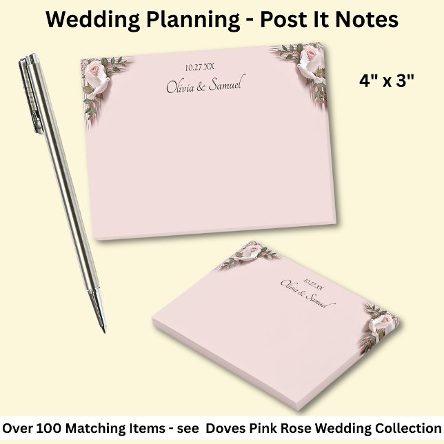 Bloco De Notas Notes Pink Roses & Doves Wedding (Criador carregado)