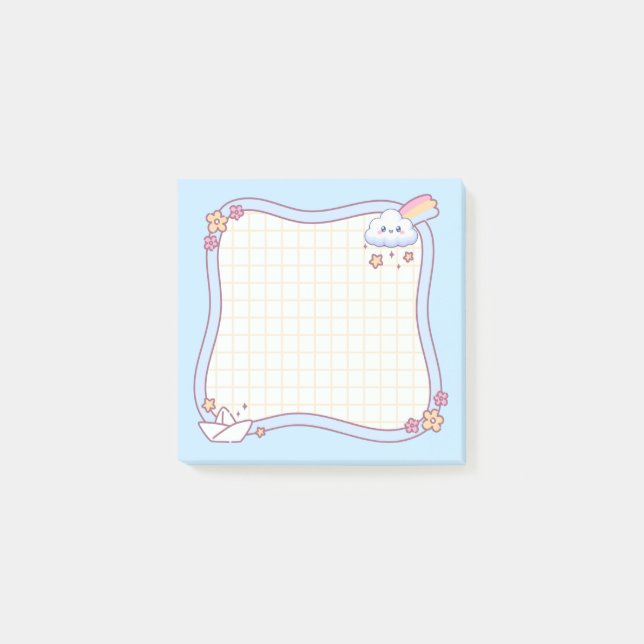 Bloco De Notas Nuvem Kawaii Fofa Arco-íris Pastel Azul Grid Post- (Frente)