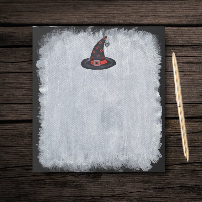 Bloco De Notas O Chapéu das Bruxas Negras Stars Aranha Bonita Hal (Black witch hat orange stars cute spider on black and white paper note pad.)