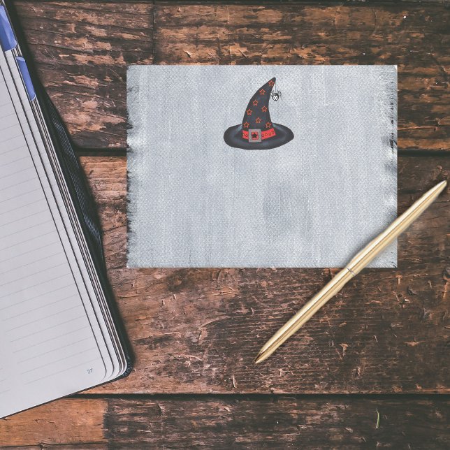Bloco De Notas O Chapéu das Bruxas Negras Stars Aranha Bonita Hal (Black witch hat with orange stars buckle and cute spider on painted texture white post it notes.)