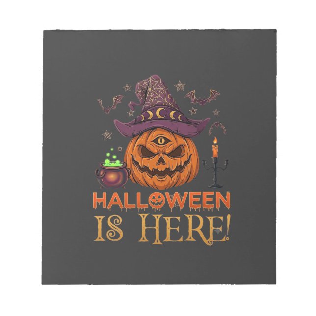 Bloco De Notas O Halloween Chegou Abóbora Chapéu de Bruxa Caldeir (Frente)
