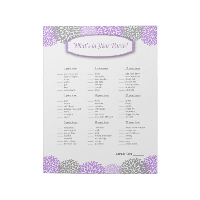 Bloco De Notas O que está no seu bolso Jogo da Dália Roxa Cinza (Invertido)