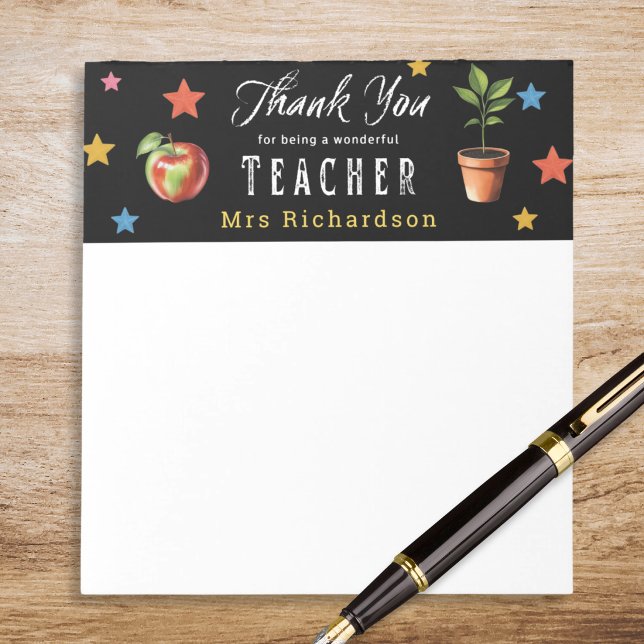 Bloco De Notas Obrigado Professor Maçã Personalizada Estrelas de  (A personalized note pad with message 'Thank you for being a wonderful teacher')