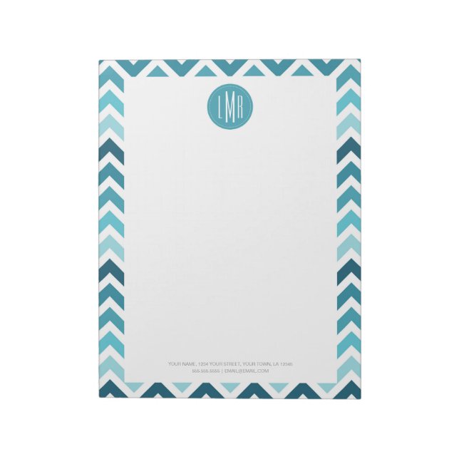 Bloco De Notas Ocean Blue Chevron Ombre ZigZag Monogramada (Invertido)