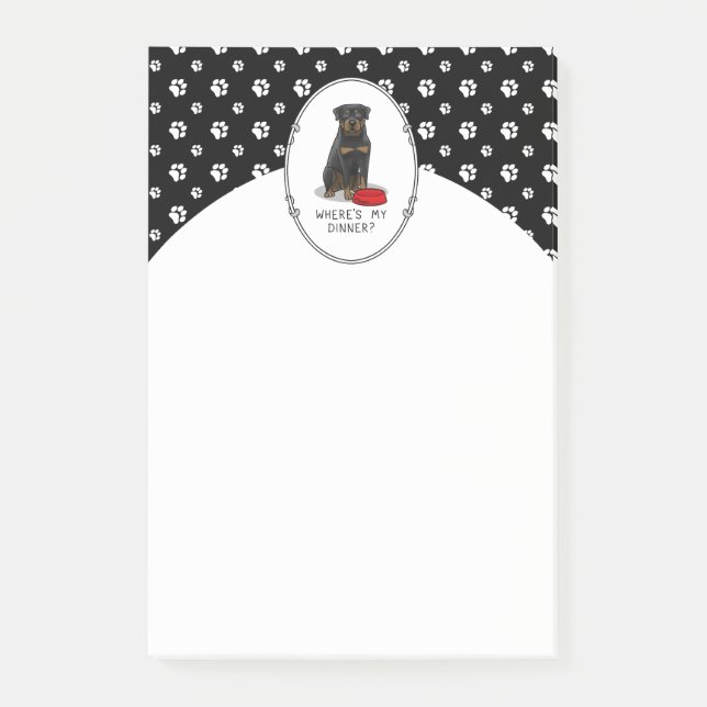 Bloco De Notas Onde está o meu Janto? Rottweiler com Red Dog Dish (Frente)