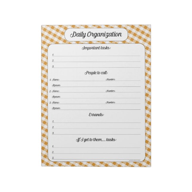Bloco De Notas Organização diária - Orange Gingham Notepad (Invertido)