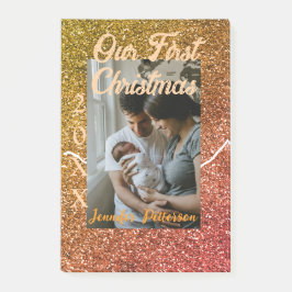 Bloco De Notas Our first Christmas orange red glitter photo year