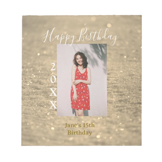 Bloco De Notas Ouro reluzente feliz 15 de aniversário nome ano (Frente)