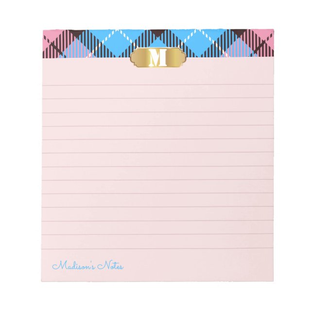 Bloco De Notas Ouro Tartan Moderno Monograma Script Apricot Vincu (Frente)